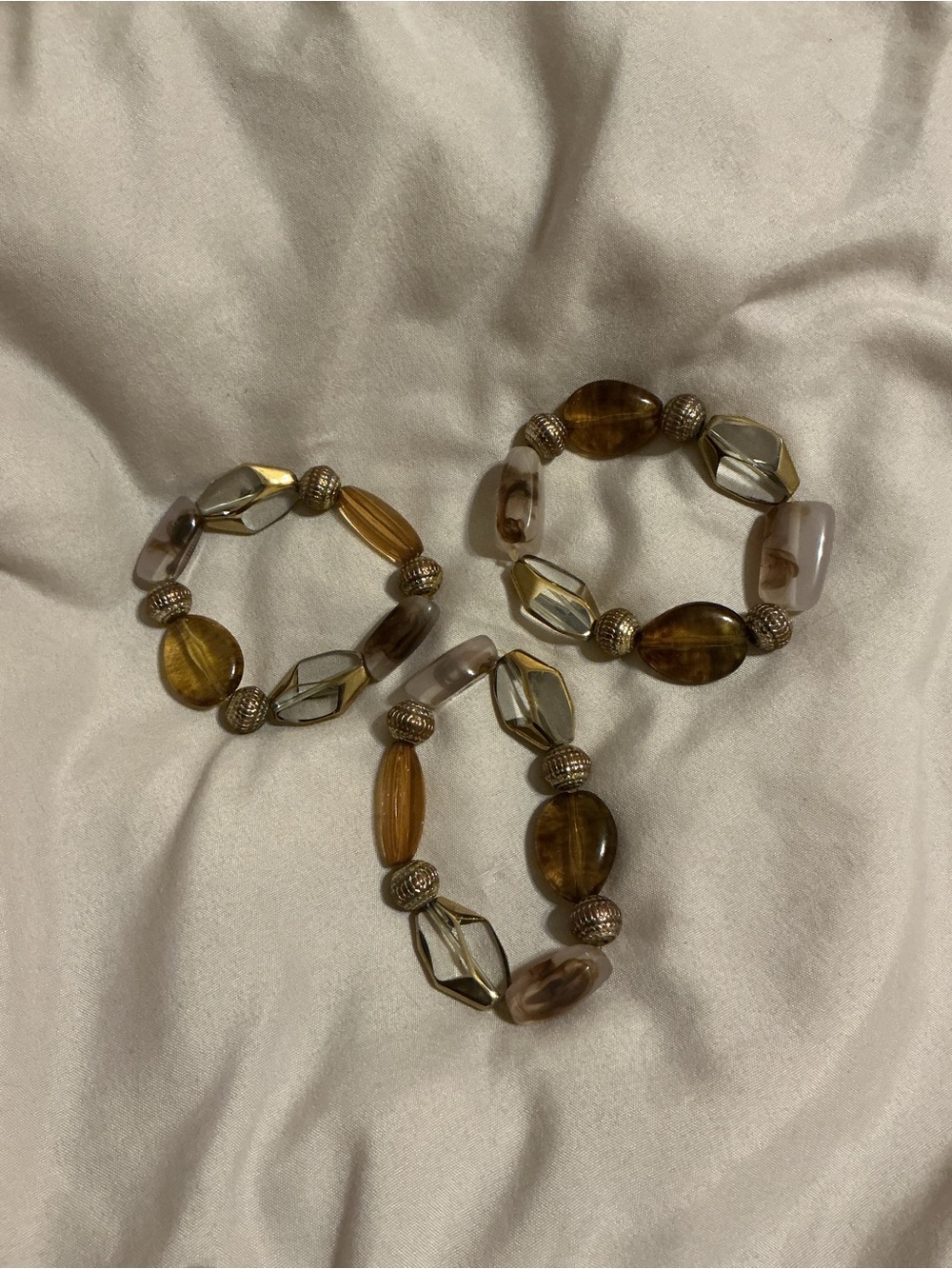Charming Charlie Amber and Gold Beaded Stretch Bracelet Trio